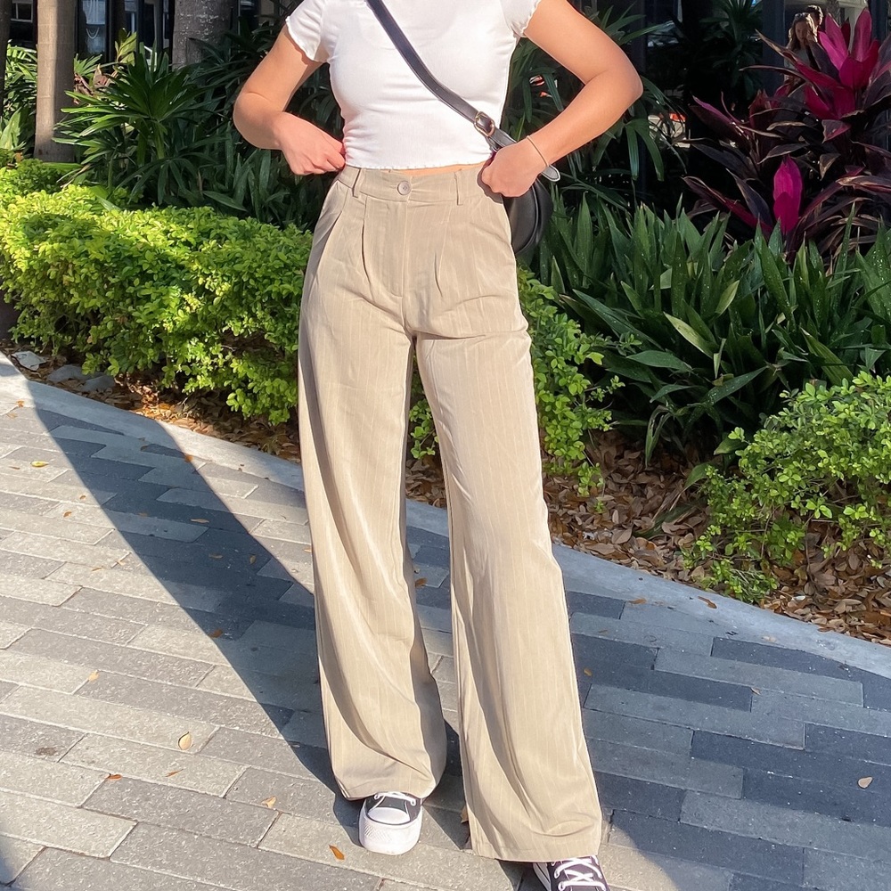 Taupe pinstripe trousers